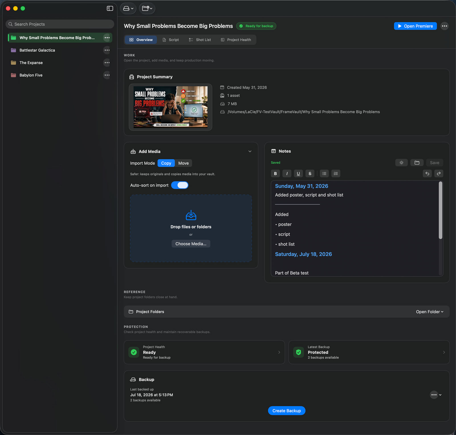 FrameVault app project overview screen