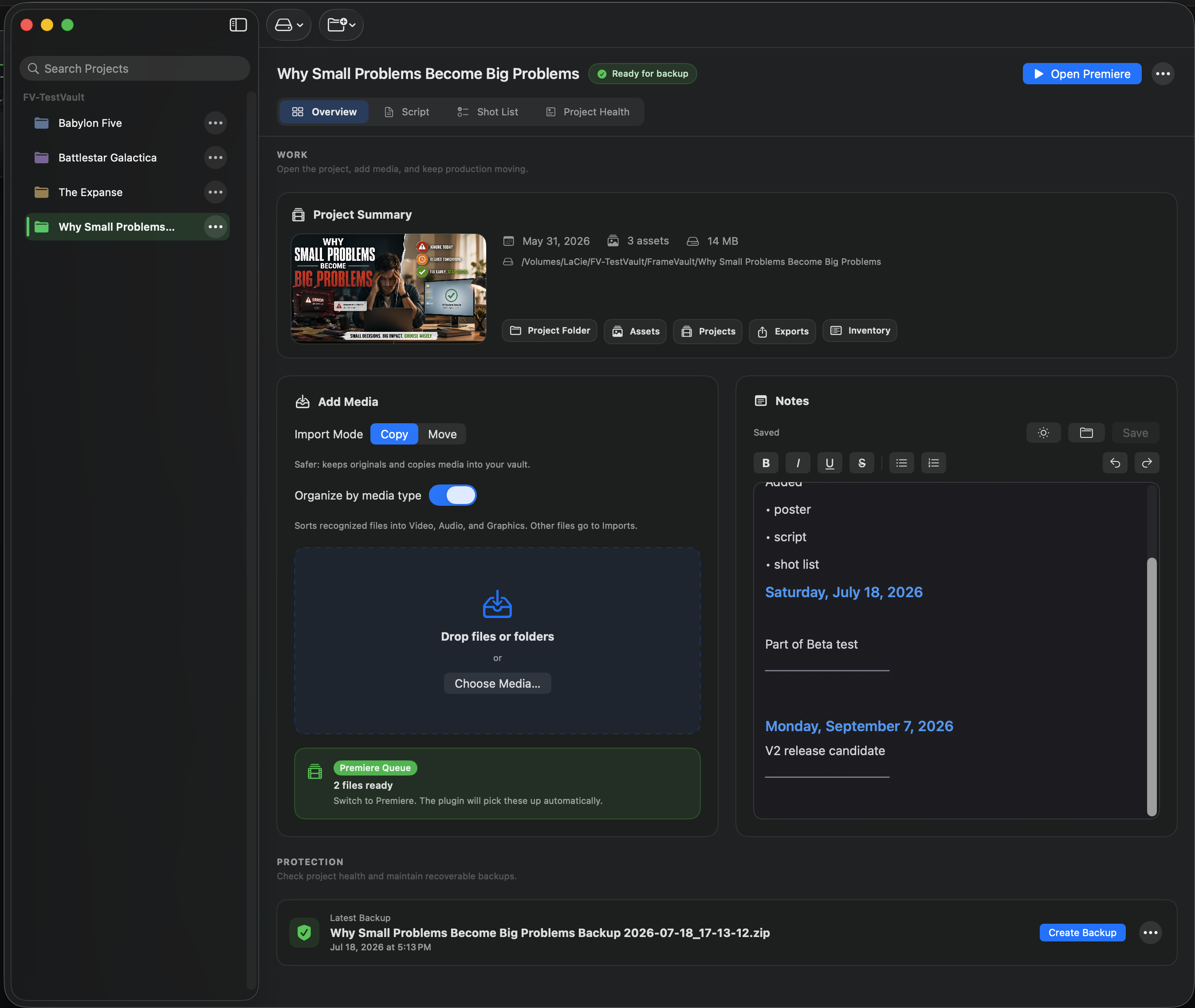 FrameVault app project overview screen